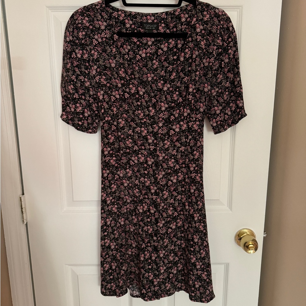 Topshop Black Mini Dress with Pink Flowers Size 2